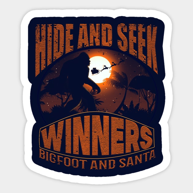 bigfoot and santa hide and seek winner. 80s funny puns Sticker by nowsadmahi